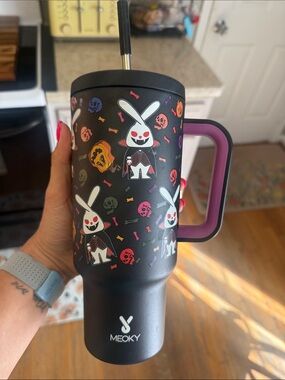 Meoky Black Halloween Bunny Stainless Tumbler with Purple Handle 40 oz